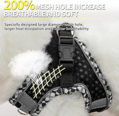 Summer Dog Harness and Leash Set, Soft Dog Vest Harness with Super Breathable Diamond Mesh, Reflective No-Pull Pet Harness for Outdoor Walking, Training for Small Dogs, Cats Black XXS
