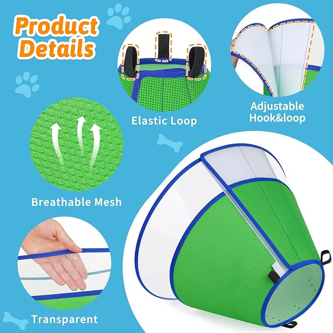 Dog Cone Collar, Clear Soft Cone for Dogs After Surgery to Stop Licking, Breathable Mesh Recovery Collar with Elastic Loop for Snug Fit, Adjustable E-Collar for Medium Dogs, Green Size 2