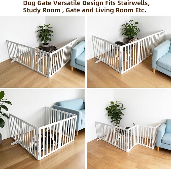 Foldable Indoor Dog Gate for The House Freestanding Stairs Nature Wooden White Pet Gate for Doorway Puppy Gate for Dogs Expandable Dog Fence for Stairs or Hallways 24"" Height 6 Panels