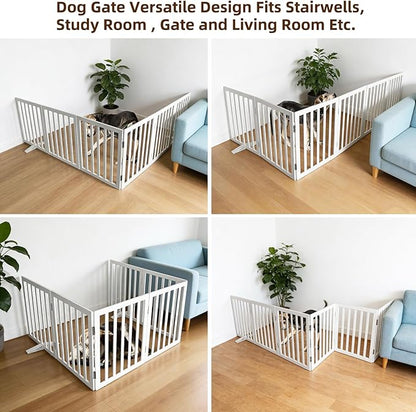 Dog Gate Indoor, Freestanding Dog Fence for The House, Doorways, Hallways,or Stairs,Pet Gate Foldable Wooden,Expandable 32" Height 6 Panels,White