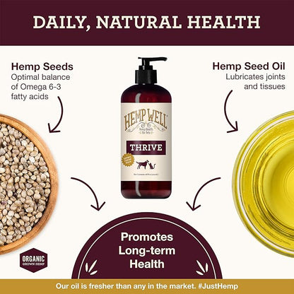 Hemp Well Thrive Oil for Dogs and Cats – Supports Hip, Joint, and Heart Health, Promotes Immune System, and Promotes Healthy Skin from Seasonal Allergies, Organically Sourced - 16 Ounces