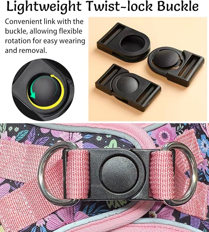 Mihqy Step in Dog Harness and Leash Set, Reflective Adjustable No Pull Dog Harness for Small Medium Dogs Puppy and Cats, Soft Padded Mesh Vest Harnesses for Girl and Boy Pets(Pink Floral,M)