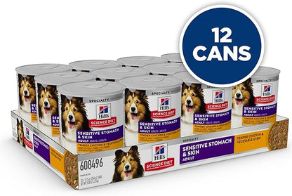 Hill's Science Diet Adult Sensitive Stomach & Skin Wet Dog Food, Chicken & Vegetable Stew, 12.5 oz. Cans, 12-Pack