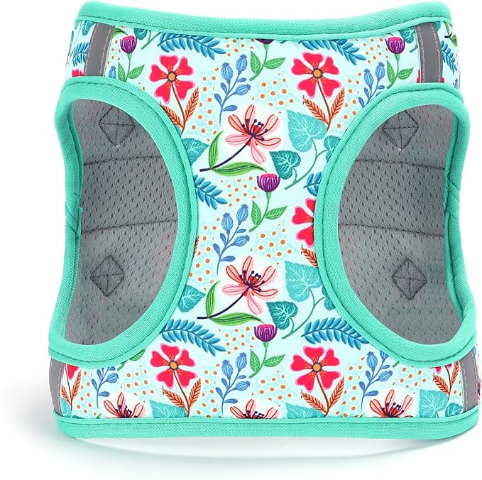 Moonpet Step in Dog Harness Leash Set- All Weather Reflective No-Pull Floral Pattern Padded Mesh Vest Harness for Cats Puppy Extra-Small Small Medium Large Dogs - Verdure Flower - S