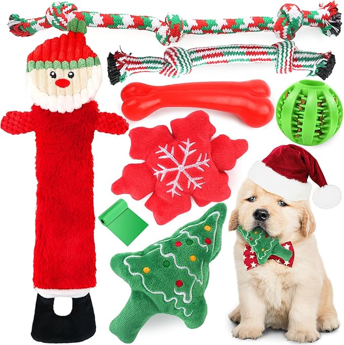 LOYEE Christmas Dog Toys 8 Pack - Santa Squeaky Plush Chew for Puppy, Durable Interactive Rope for Teething, Treating Ball and Bone Rubber for Small Dogs