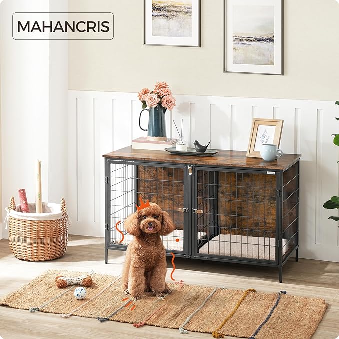 MAHANCRIS Dog Crate Furniture for 2 Dogs, 43.3" Dog Kennel with Removable Divider, Heavy Sturdy Dog Furniture Style Double Cage for Small Medium Dog, Indoor Pet House End Table, Rustic Brown DCHR1201