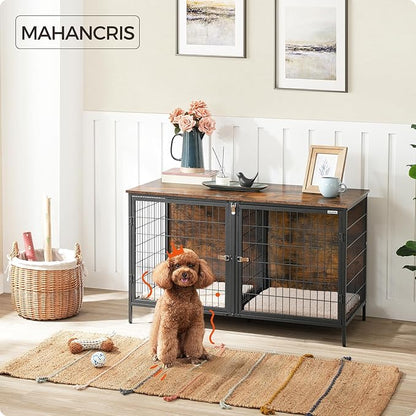 MAHANCRIS Dog Crate Furniture for 2 Dogs, 43.3" Dog Kennel with Removable Divider, Heavy Sturdy Dog Furniture Style Double Cage for Small Medium Dog, Indoor Pet House End Table, Rustic Brown DCHR1201