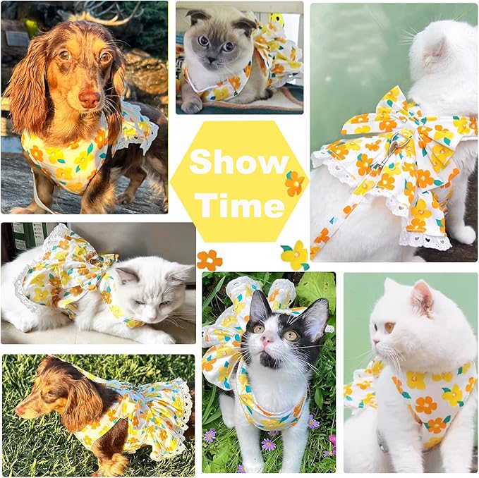 ABRRLO Dog Harness Dress Leash Set for Small Dog Summer Clothes Girl Female Puppy Cats Outfits Cute Floral Bowknot Princess Birthday Dress for Extra Small Pet Doggie Kitten Outfits Apparel(Yellow,S)