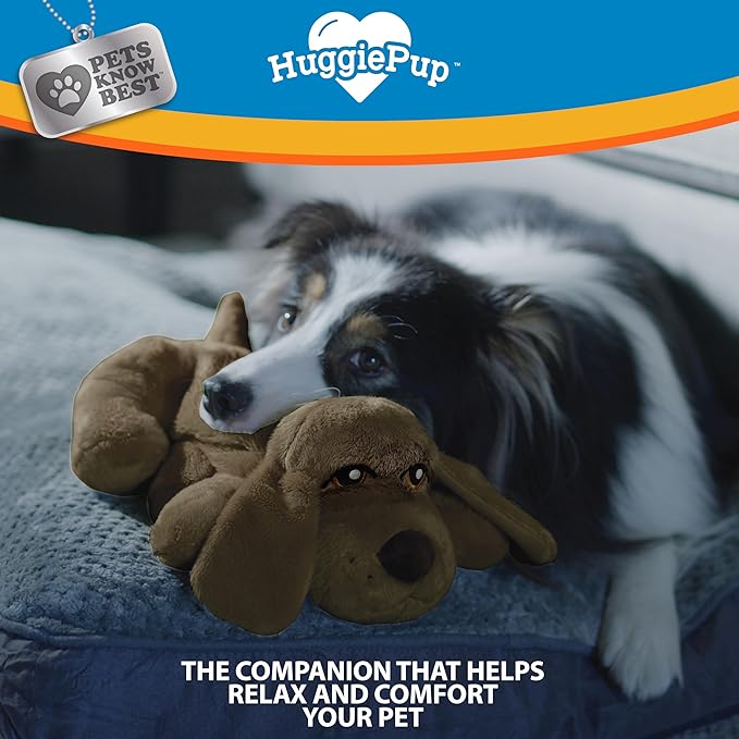 Pets Know Best presents HuggiePup - Cuddly Puppy Behavioral Aid Toy, Great for Crate Training- Pulsing Heartbeat, Heating Pack- Chocolate Dog
