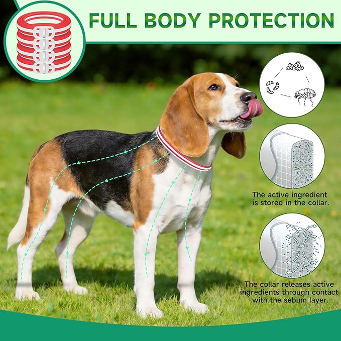 4 Pack Flea Collar for Dogs, Flea and Tick Prevention for Dogs, Dog Flea and Tick Treatment, 32 Months Protection, Waterproof, Adjustable Tick Collar for Dogs, One Size Fits All, Red and White