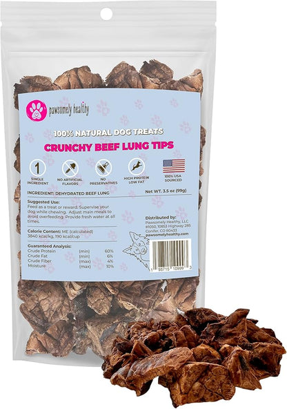 Pawsomely Healthy Crunchy Beef Lung Tips for Dogs – Natural Single-Ingredient Air-Dried Treat, High-Protein/Low Fat & Grain-Free, Made in USA - 3.5 oz