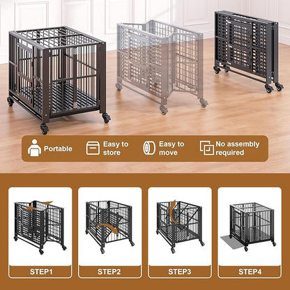 Polar Aurora Heavy Duty Dog Crate, Foldable Indestructible Dog Kennel, Escape Proof Extra Large Dog Cage with Lockable Wheels, High Anxiety Pet Playpen with Double Door for Indoor/Outdoor Use. (43in)