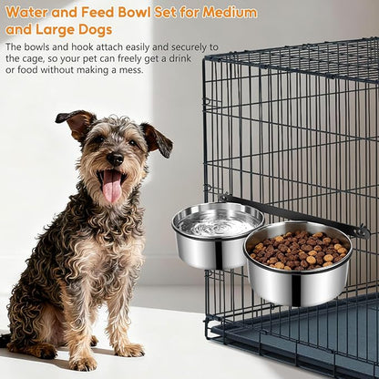Dog Crate Water Bowls 2Pack, 40oz Stainless Steel Dual Hanging Pet Bowls, Wall-Mounted Dog Food & Water Feeder, Elevated Non-Spill Kennel Bowl Set for Medium & Large Dogs and Cats