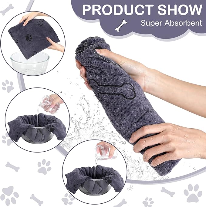 Chumia 8 Pcs Dog Towels for Drying Dogs Cats Pet Towels Bulk Puppy Microfiber Fast Drying Paw Bath Bathing Supplies Absorbent for Medium Pets(40 x 24 Inch,Dog Paw and Bone,Gray)