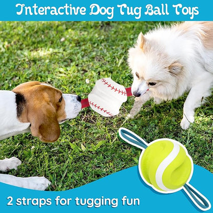 LECHONG Dog Balls with Straps for Tugging 2 Pcs, Interactive Dog Toys, Puppy Toys to Keep Them Busy, High Bouncy Balls for Dogs, Tennis Ball Base Ball Toys