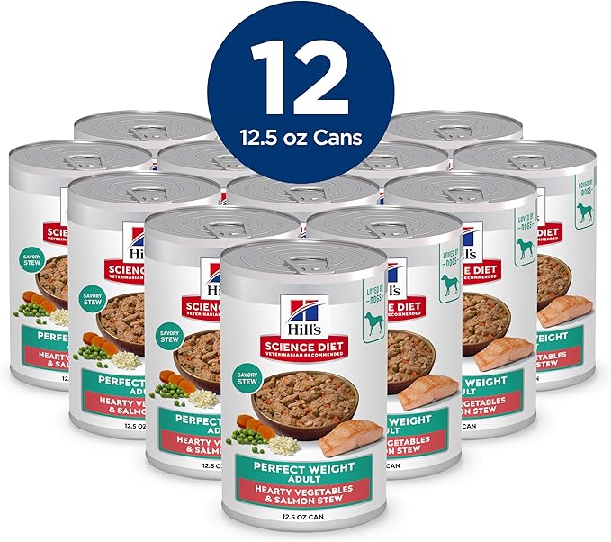 Hill's Science Diet Adult Perfect Weight Wet Dog Food, Hearty Vegetables & Salmon Stew, 12.5 oz. Cans, 12-Pack