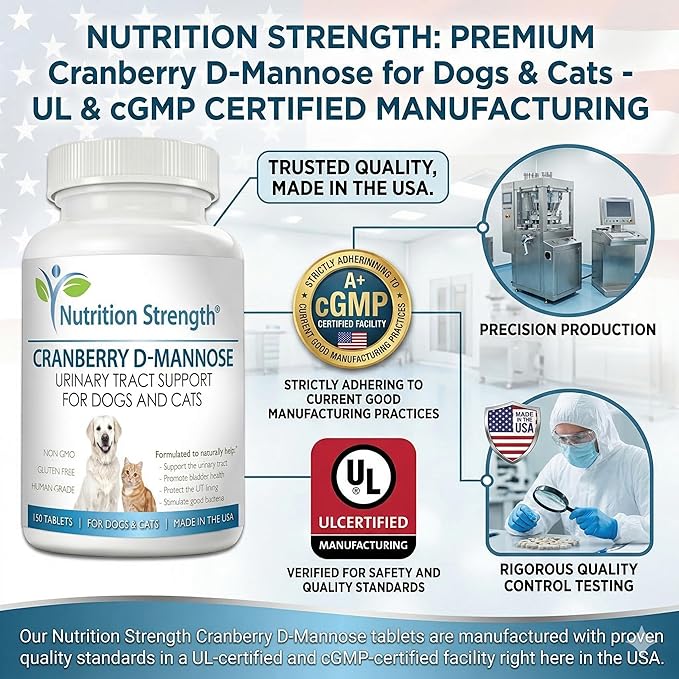 Cranberry D-Mannose for Dogs, Support for Bladder & UTI, Pet Urinary Tract + Immune Health Supplement, Cranberry for Dogs with D-Mannose & Vitamin C, 150 Chewable Tablets