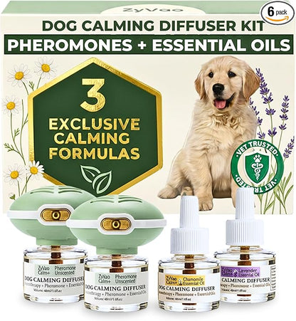 120 Days Advanced Dog Calming Diffuser Kit with Pheromones + Lavender & Chamomile for Anxiety Relief, Dog Pheromones Calming Diffuser Plug-in - 2 Diffusers & 4 Refills