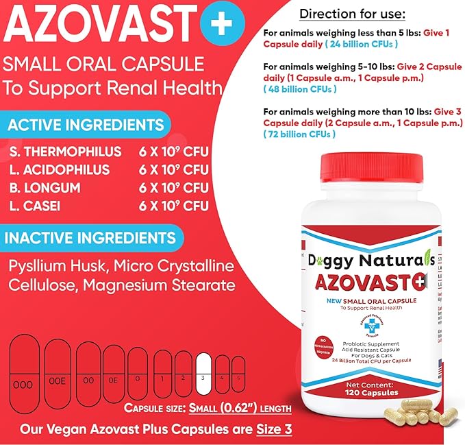 Azovast Plus Kidney Probiotic Supplement for Dogs Cats -24 Billion CFU- NO Refrigeration Required, Help Support Kidney Function, CKD, Manage Renal Toxins, Renal Kidney Support for Pet(U.S.A)(120 Caps)