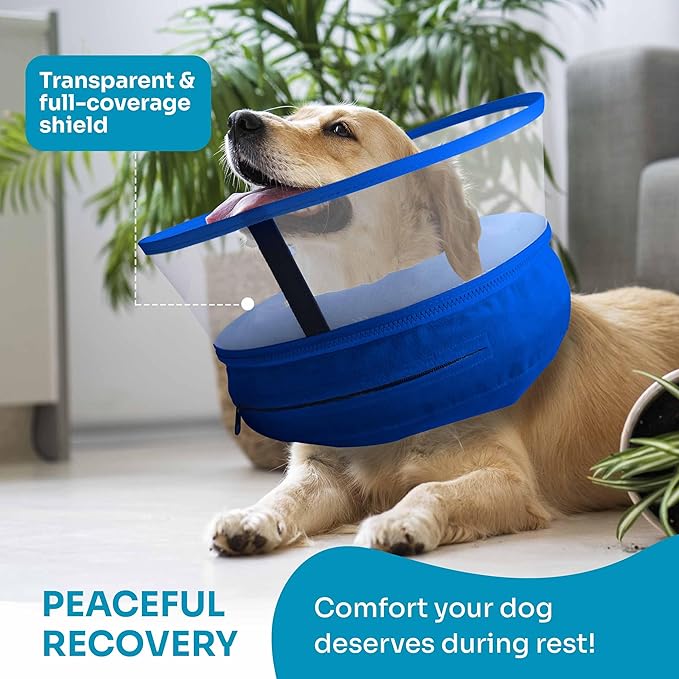 Dog Inflatable Neck Collar - Inflatable E Collar for Dogs - Comfortable Elizabethan Cone with Detachable Anti-Licking Shield - Dog Donut Cone - Doughnut for Dogs After Surgery (Blue, M)