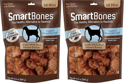 SmartBones Mini Bones with Real Peanut Butter, Rawhide-Free Chews for Dogs 56 Count (Pack of 2)