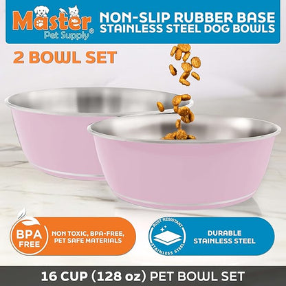 Master Pet Supply Stainless Steel Dog Bowls Set of 2 (128 Oz Each) with Non-Slip Rubber Base - Rose Quartz - Basic Dog Food Bowl Water & Food Bowls for Small Medium Large Dogs & Cats, Metal Dish