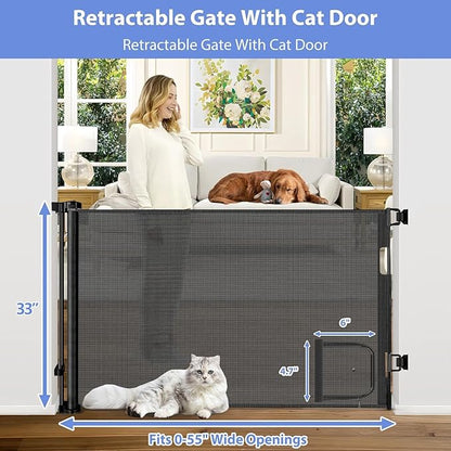 Retractable Baby Gates with Door 55" Wide Retractable Dog Gate with Pet Door Outdoor Retractable Gate for Dogs Mesh Baby Gate Retractable Pet Gate with Cat Door Retractable Child Gates for Doorways