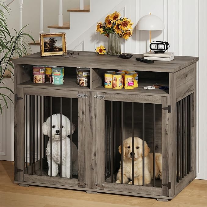 Furniture Dog Crate for Two Dogs, 41 Inch Farmhouse Style Dog Kennel with Removable Divider and Thickened Desktop, Heavy-Duty Base for Small to Medium Dogs, Grey
