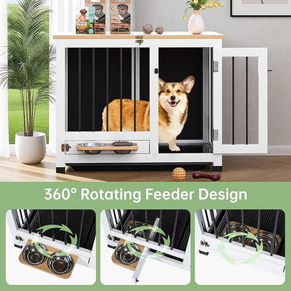 31.5" Dog Crate - Wooden Dog Kennel Furniture with 360° Rotating Feeder & Removable Tray | Indoor Multi-Functional End Table for Medium & Small Dogs, Light Walnut Dog Cage, Portable Pet Crates