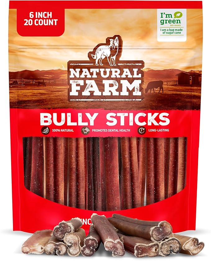 Natural Farm Odor-Free Bully Sticks (6 Inch, 20 Pack), 100% Beef Chews for Pups, Small and Medium Dogs, Non-GMO, Grain-Free, Fully Digestible, Natural Treats to Keep Your Dog Busy