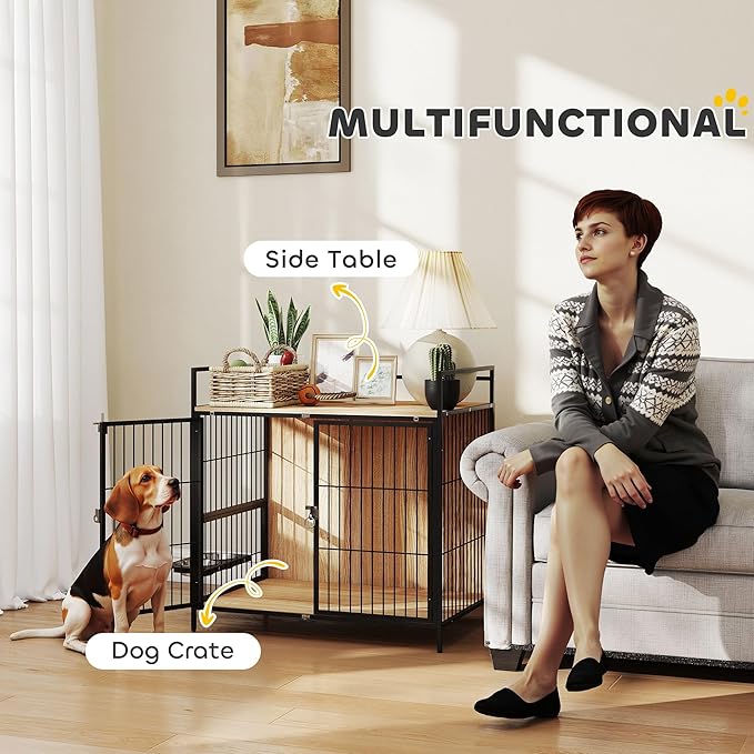 PawHut Dog Crate Furniture with Rotating Bowls, 30 Inch Pet Kennel Furniture End Side Table with 2 Doors, Top Storage Shelf, for Indoor Medium Dogs, Oak