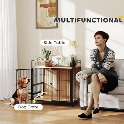PawHut Dog Crate Furniture with Rotating Bowls, 30 Inch Pet Kennel Furniture End Side Table with 2 Doors, Top Storage Shelf, for Indoor Medium Dogs, Oak