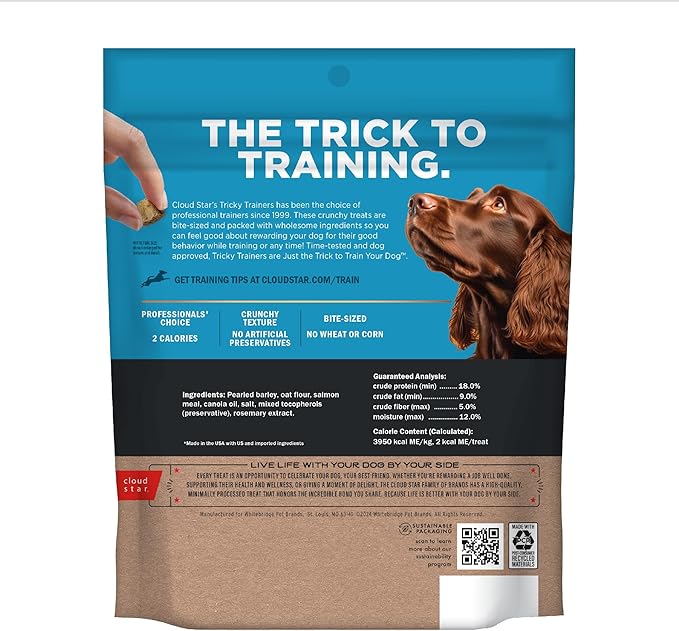 Cloud Star Tricky Trainers Crunchy Dog Training Treats 8 oz. Bag, Salmon Flavor, Low Calorie Behavior Aid with 450 treats