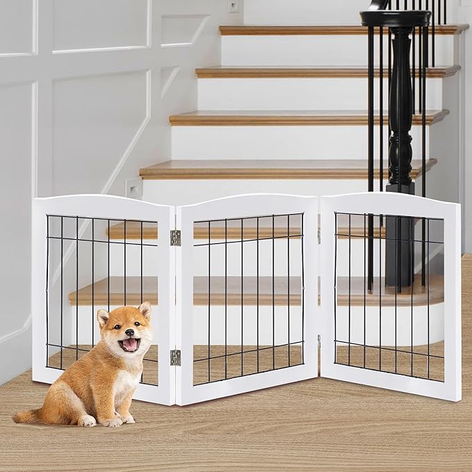 LZRS 3-Panel Freestanding Foldable Wooden Dog Gate –Solid Wood & Steel Wire Chew-Resistant Indoor Safety Pet Fence for Doorways & Stairs, Ideal for Small to Medium Dogs & Puppies, White