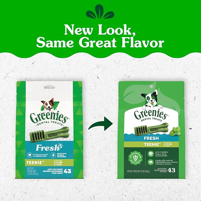 Greenies Dog Treats Veterinarian-Recommended Natural Dental Treats for Dogs, Teenie Size, Fresh Flavor, 12 oz. Pack, 43 Count