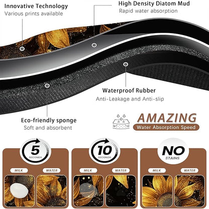 Sunflower Vintage Pet Feeding Mat,Absorbent Quick-Dry Cat Dog Food and Water Bowl Mats, Non-Slip Rubber Backing Mat,Cat Dog Accessories Supplies 12"x20"