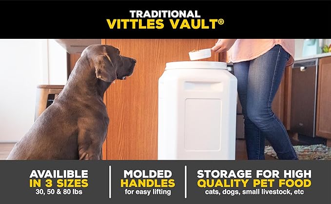 Vittles Vault Traditional Pet Food Storage Container For Dog Kibbles/Bird Seed/Oatmeal/Rice/Flour/Cereal, BPA Free Plastic, Sealed Airtight For Cat Food, Up To 80 lb, Made in USA, With Scoop, Gray