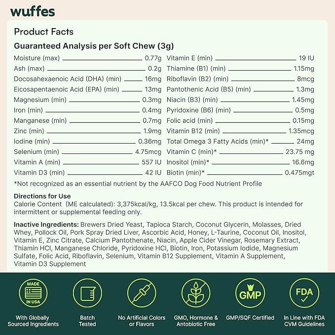 Wuffes 23-in-1 Dog Multivitamin Supplement for Hip & Joint, Skin & Coat and Immune System Support with Omega 3, Iron, Zinc, Vitamin C - Minerals & Vitamins for Senior Dogs and Puppies - 30 Soft Chews