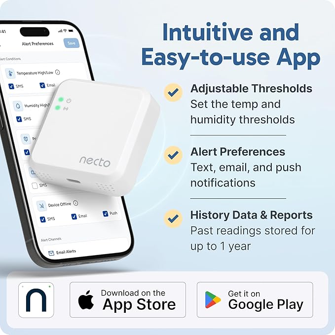 Necto Cellular Temperature Monitor - Remote Power Failure Alarm & Humidity Sensor with Unlimited Alerts. Temp Monitoring System for RV Pet Safety, Vacation Home, Server Room. No Fees or WiFi Required