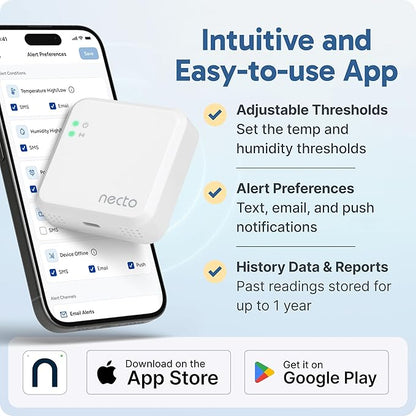 Necto Cellular Temperature Monitor - Remote Power Failure Alarm & Humidity Sensor with Unlimited Alerts. Temp Monitoring System for RV Pet Safety, Vacation Home, Server Room. No Fees or WiFi Required