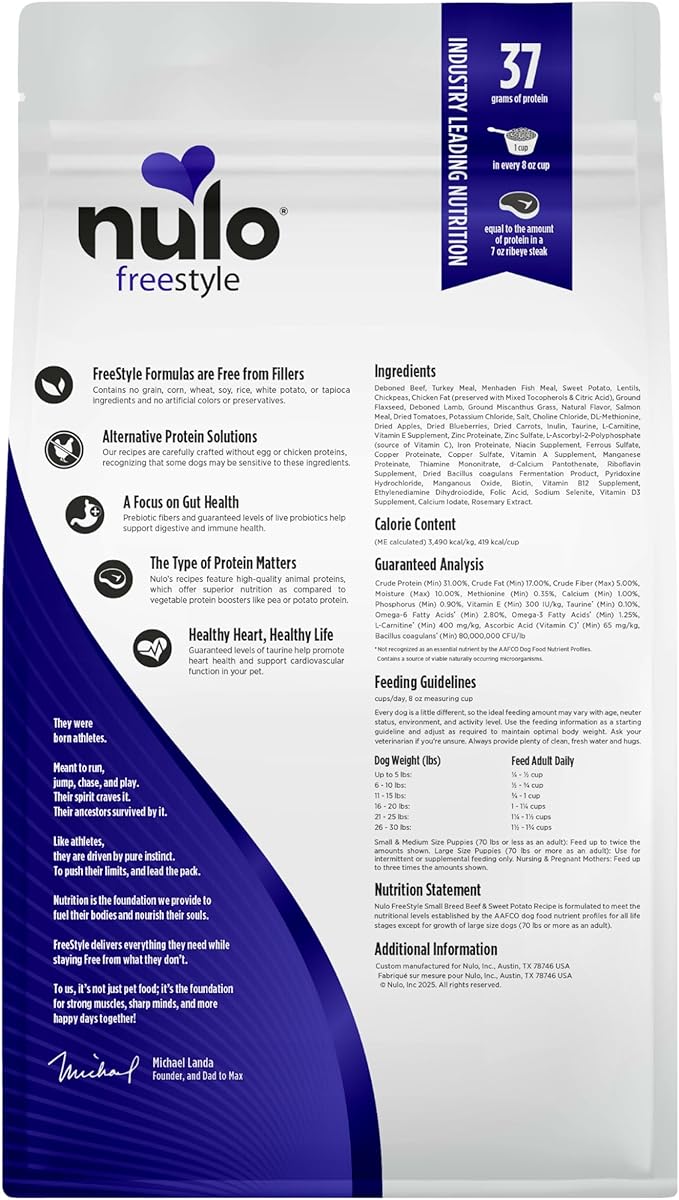 Nulo FreeStyle Small Breed Dog Food Dry - Beef & Sweet Potato, Puppy & Adult Grain Free Dog Food, Natural, High Protein, Smaller Sized Kibble with BC30 Probiotic for Healthy Digestion Support, 6lb Bag