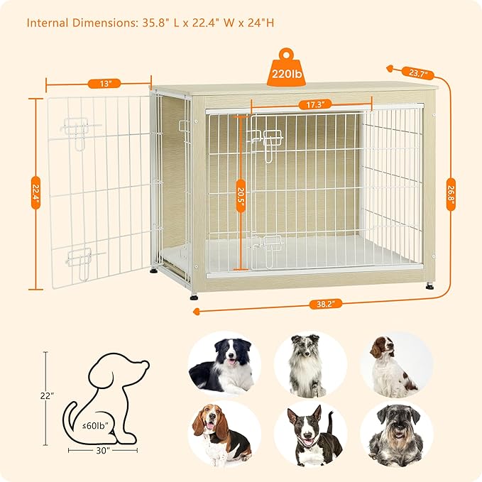 DWANTON Dog Crate Furniture with Cushion, Wooden Kennel Table with Double Doors, Indoor Dog House, Large Size, 38.5" L, White Oak