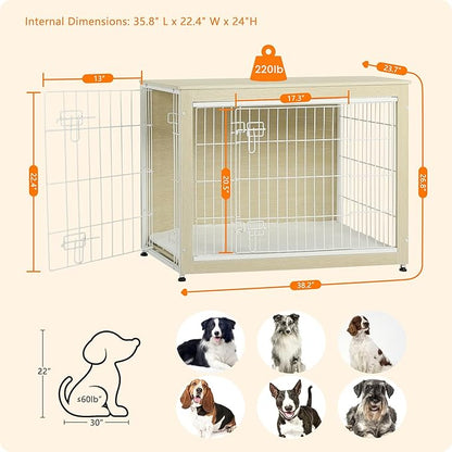 DWANTON Dog Crate Furniture with Cushion, Wooden Kennel Table with Double Doors, Indoor Dog House, Large Size, 38.5" L, White Oak