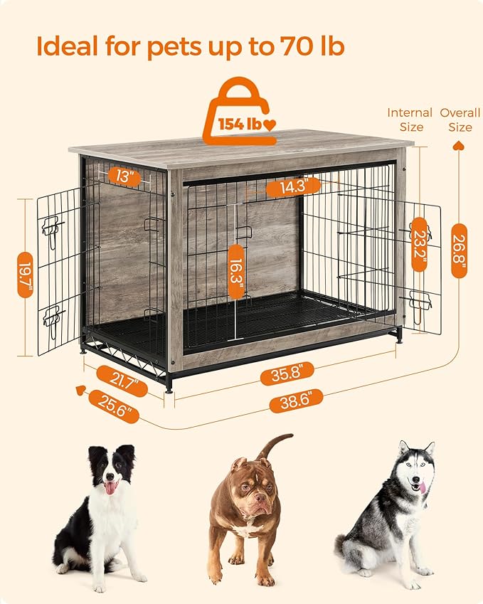 Feandrea 38.6" Dog Crate Furniture, Indoor Dog Cage Side End Table, XL Pet Wood Kennel for Large and Medium Dogs up to 70 lb with Multi-Purpose Removable Tray, Double-Door Pet House, Greige