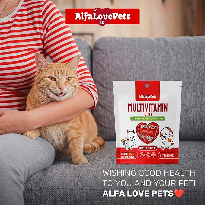 Dog Vitamins for All Pets – Creamy Squeezable B, C, D Cat Vitamins with Glucosamine for Fur, Joints, Digestion, Urination, Vision – Lickable Multivitamin for Dogs with Chicken Flavor – 10 Sticks