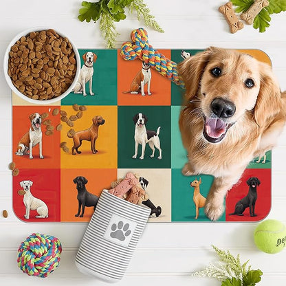 Cute Dog Cat Food Mat,Absorbent Pet Feeding Mat for Food and Water,Non-Slip Dog Bowl Mats Floor Protector 16"x24"