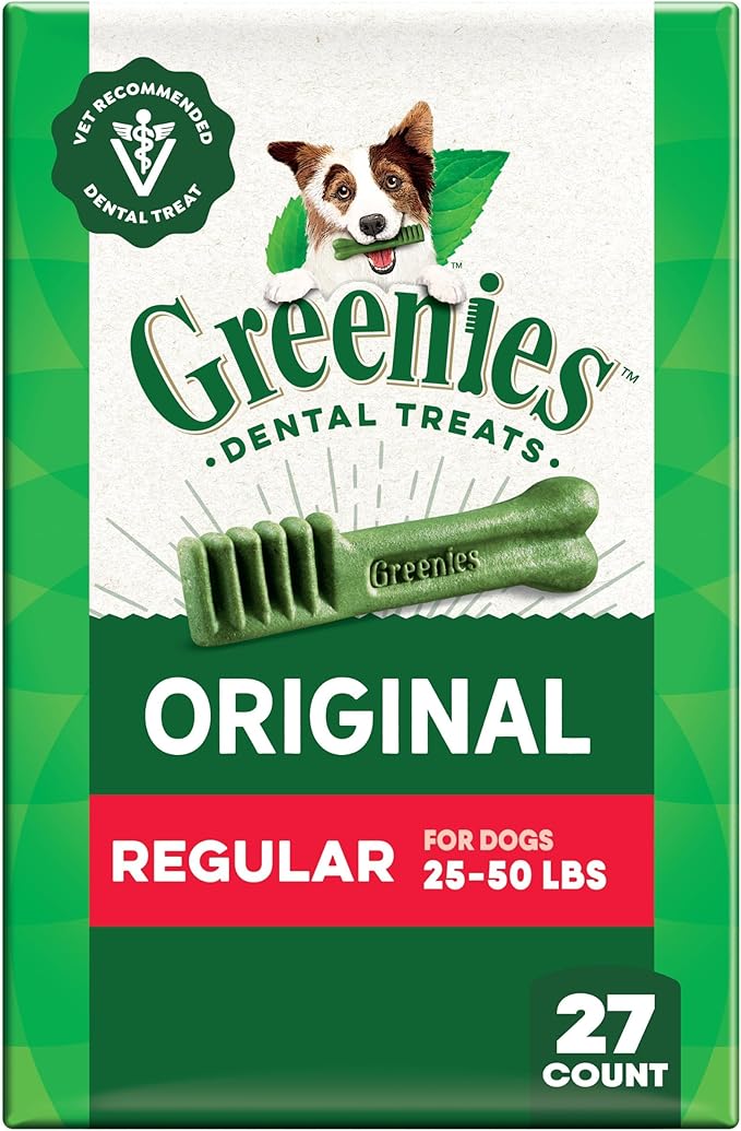 Greenies Veterinarian-Recommended Adult Natural Dental Dog Treats Regular Size, Dog Dental Chews, Original Flavor, 27 oz. Pack, 27 Count