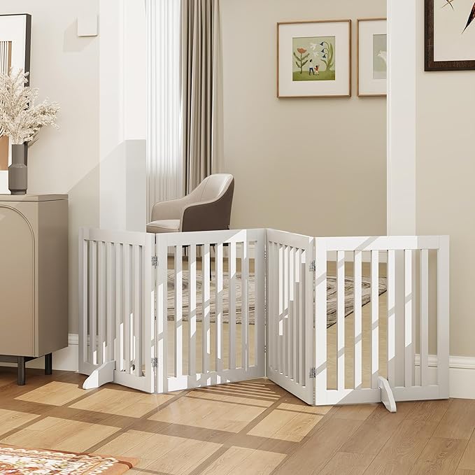 PUPETPO 24”H Freestanding Dog Gates for The House, Wooden Pet Gates for Doorways, Extra Wide Dog Gate for Stairs, Support Feet Included, 80 inch Wide 4 Panels, Indoor Use, White