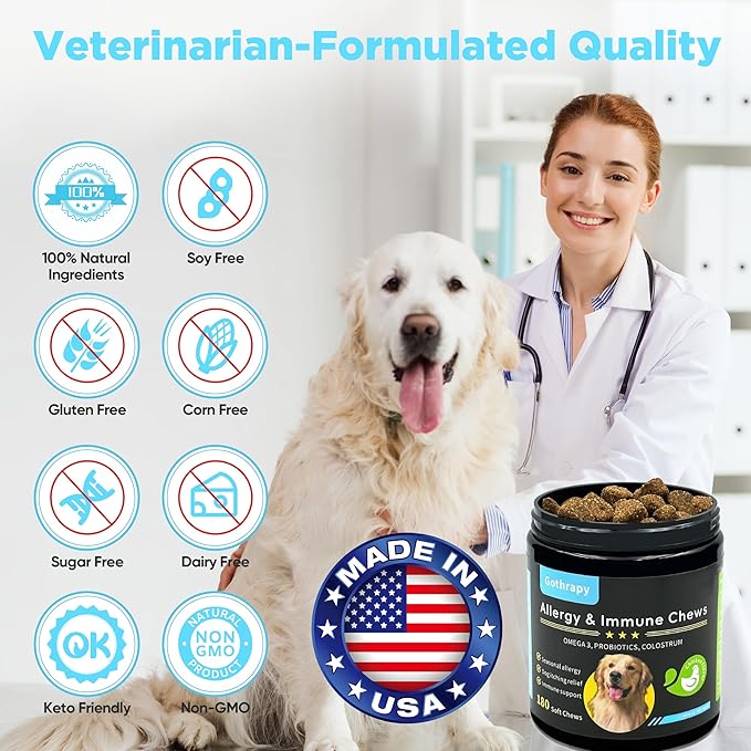 Allergy Chews for Dogs, Itching Skin Relief Chews | Seasonal Immune & Itchy Skin Support | Vet-Formulated Supplement with Omega-3 Probiotics | Chicken Flavor - 180 Soft Chews