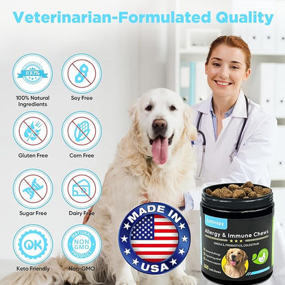 Allergy Chews for Dogs, Itching Skin Relief Chews | Seasonal Immune & Itchy Skin Support | Vet-Formulated Supplement with Omega-3 Probiotics | Chicken Flavor - 180 Soft Chews